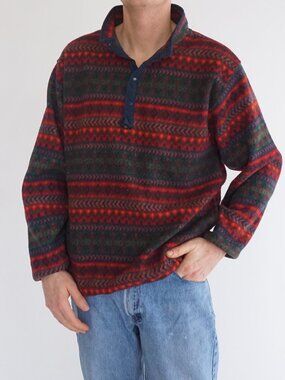 VTG R&R Red Green Nordic Stripe Pattern Snap Neck Wool Blend Pullover Sweater S